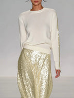 Elegant Women's Casual Round Neck Top with Dazzling Sequined Maxi Skirt Set