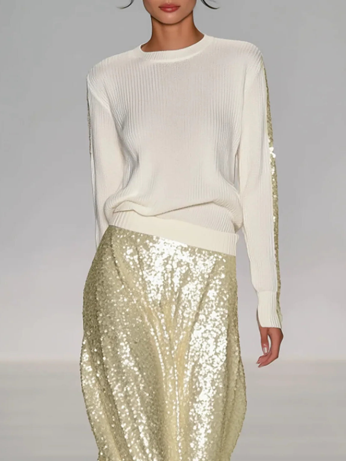 Elegant Women's Casual Round Neck Top with Dazzling Sequined Maxi Skirt Set