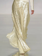 Elegant Women's Casual Round Neck Top with Dazzling Sequined Maxi Skirt Set