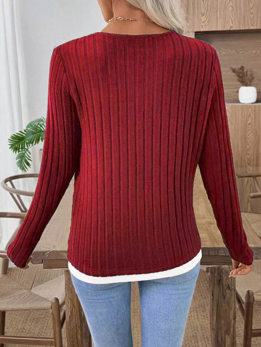 Ribbed Knit Long Sleeve Henley T-Shirt