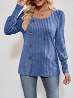 Ribbed Knit Slit Long Sleeve T-Shirt