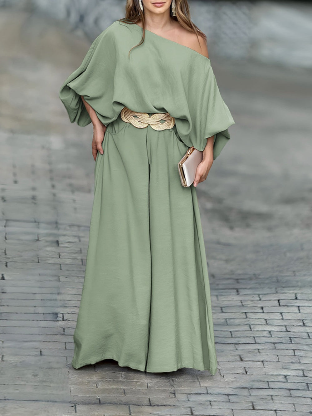 Elegant Off-Shoulder Lantern Sleeve Top and Pants Set - Comfortable Cotton
