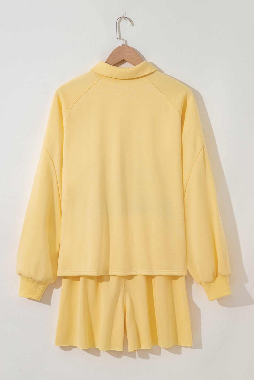 Yellow Cream Button Collar Drop Shoulder Pullover and Shorts 2pcs Outfit