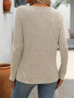Ribbed Knit Long Sleeve Button Detail T-Shirt