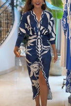 Unique Print Dolman Long Sleeve Ruched Slit Midi Dress for Women - Casual & Vacation Wear