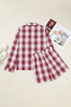 Plaid Long Sleeve Shirt and Drawstring Shorts Lounge Set