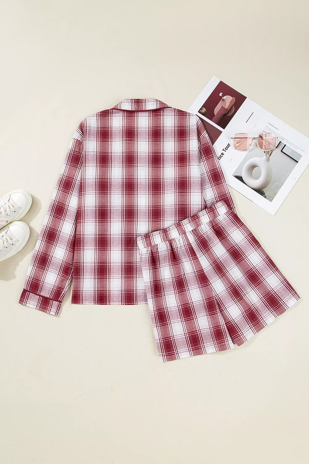Plaid Long Sleeve Shirt and Drawstring Shorts Lounge Set