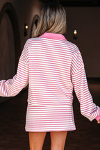 Pink Stripe Collared V Neck Drop Shoulder Pullover and Skort 2pcs Outfit