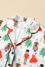 White Printed Christmas Pattern Buttoned Two Piece Sleepwear