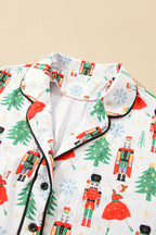 Cozy White Printed Christmas Pattern Button-Up Sleepwear Set - Short Sleeve Top & Loose Pants