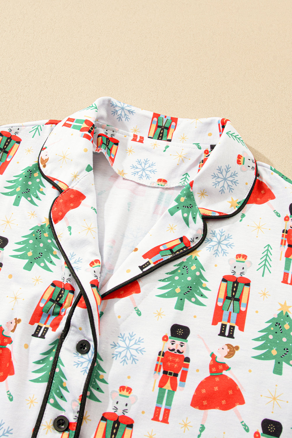 Cozy White Printed Christmas Pattern Button-Up Sleepwear Set - Short Sleeve Top & Loose Pants