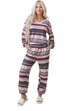 Black Retro Christmas Pattern Loose Pullover 2pcs Lounge Pant Set