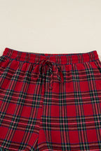 Red Plaid Contrast Patched Christmas Holiday Long Sleeve Shirt and Short 2pcs Pajama Set