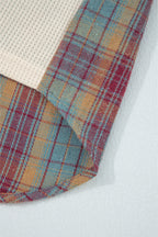 Beige Waffle Stripe Plaid Patchwork Henley Knit Top