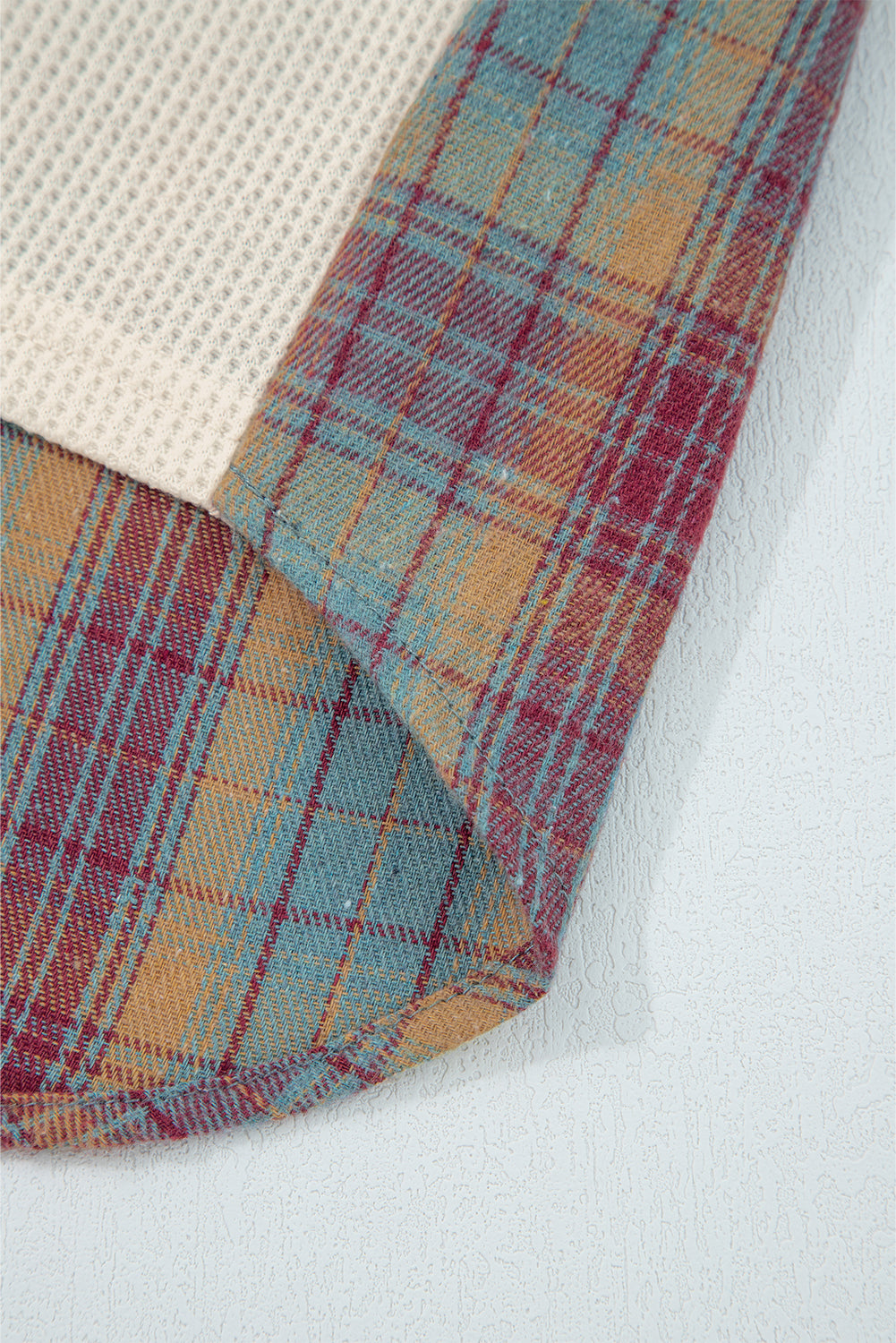 Beige Waffle Stripe Plaid Patchwork Henley Knit Top