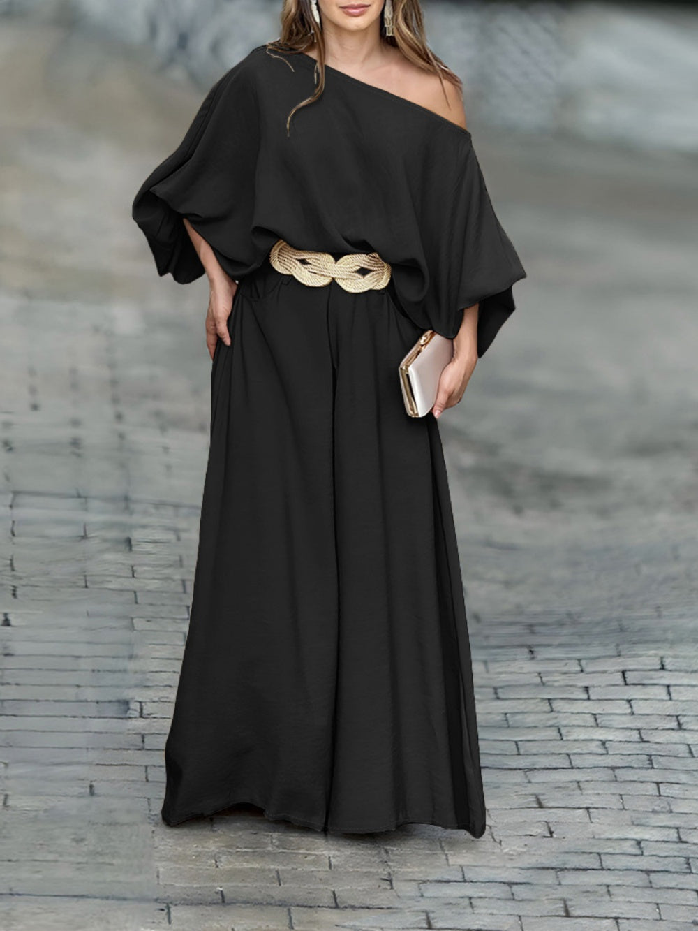 Elegant Off-Shoulder Lantern Sleeve Top and Pants Set - Comfortable Cotton