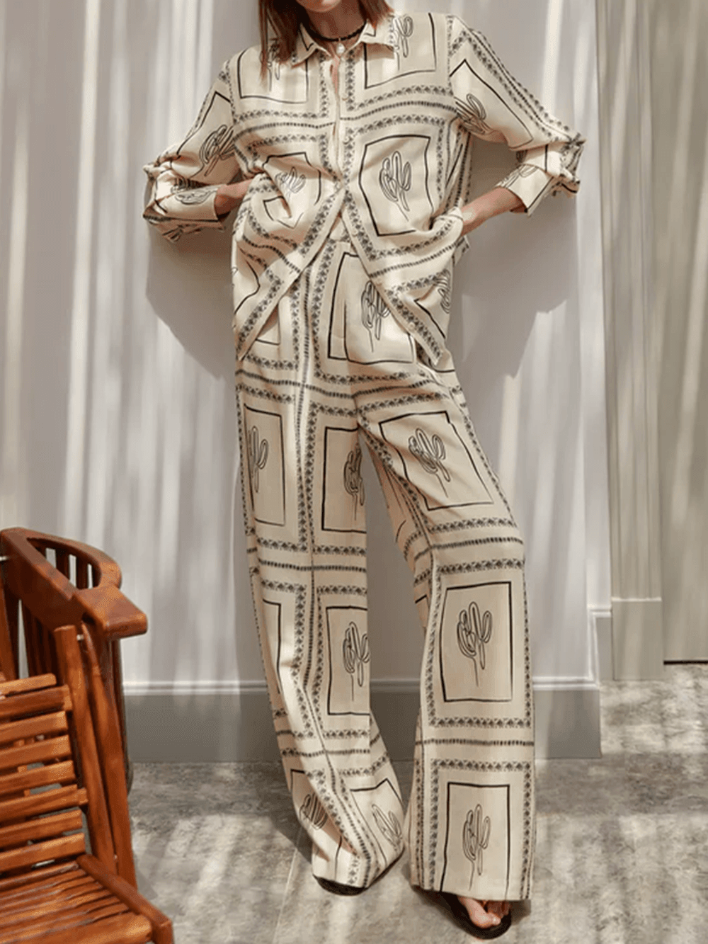 Modern Geometric Line Abstract Art Two-Piece Set for Women - Stylish Linen Blend Casual Outfit