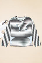 Gray Stripe Starry Patch Drop Shoulder Raw Edge Casual Knit Top