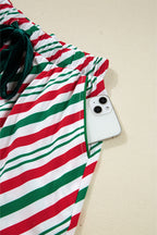 Cozy Green Stripe Contrast Velvet Ribbon Knot Pajama Set - 2-Piece Sleepwear