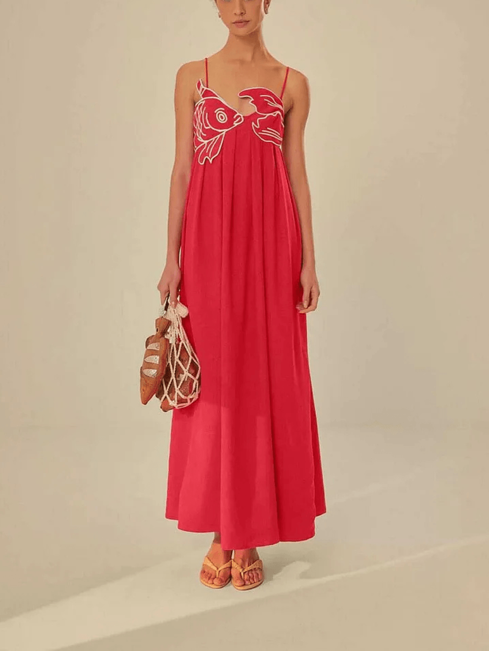 Red Fish Embroidered Maxi Dress - Playful Elegance for Vacation & Parties