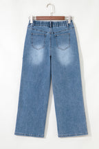 Stone Blue Star Patchwork Cropped Wide Leg High Waist Jeans