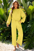 Yellow Cream Drop Shoulder Puff Sleeve Crop Pullover Drawstring Wide Leg Pants Set
