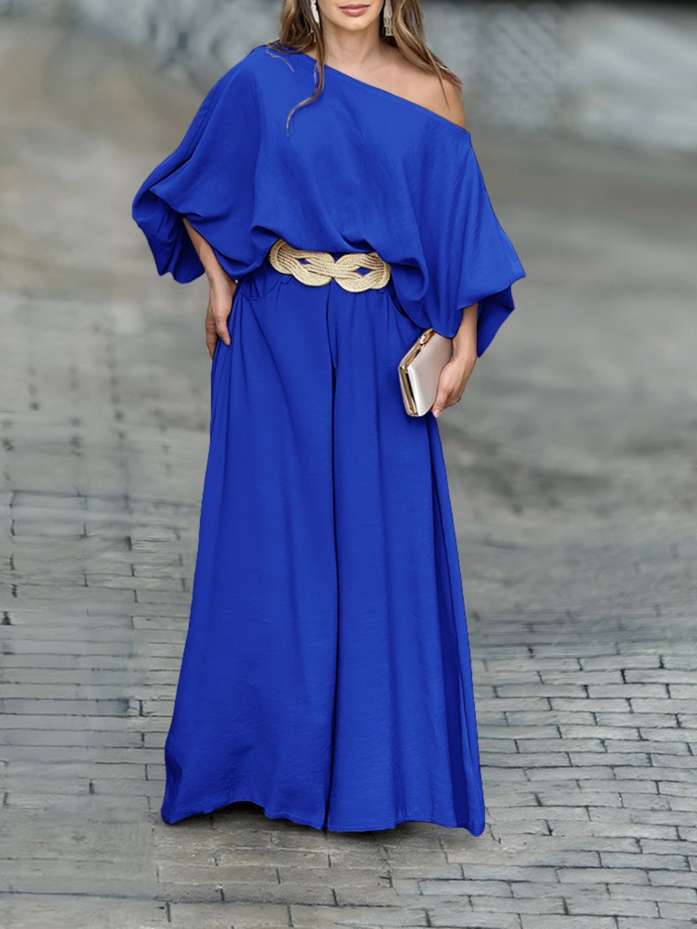 Elegant Off-Shoulder Lantern Sleeve Top and Pants Set - Comfortable Cotton