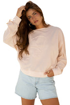 Beige Raw Edge Flower Patch Drop Shoulder Casual Top