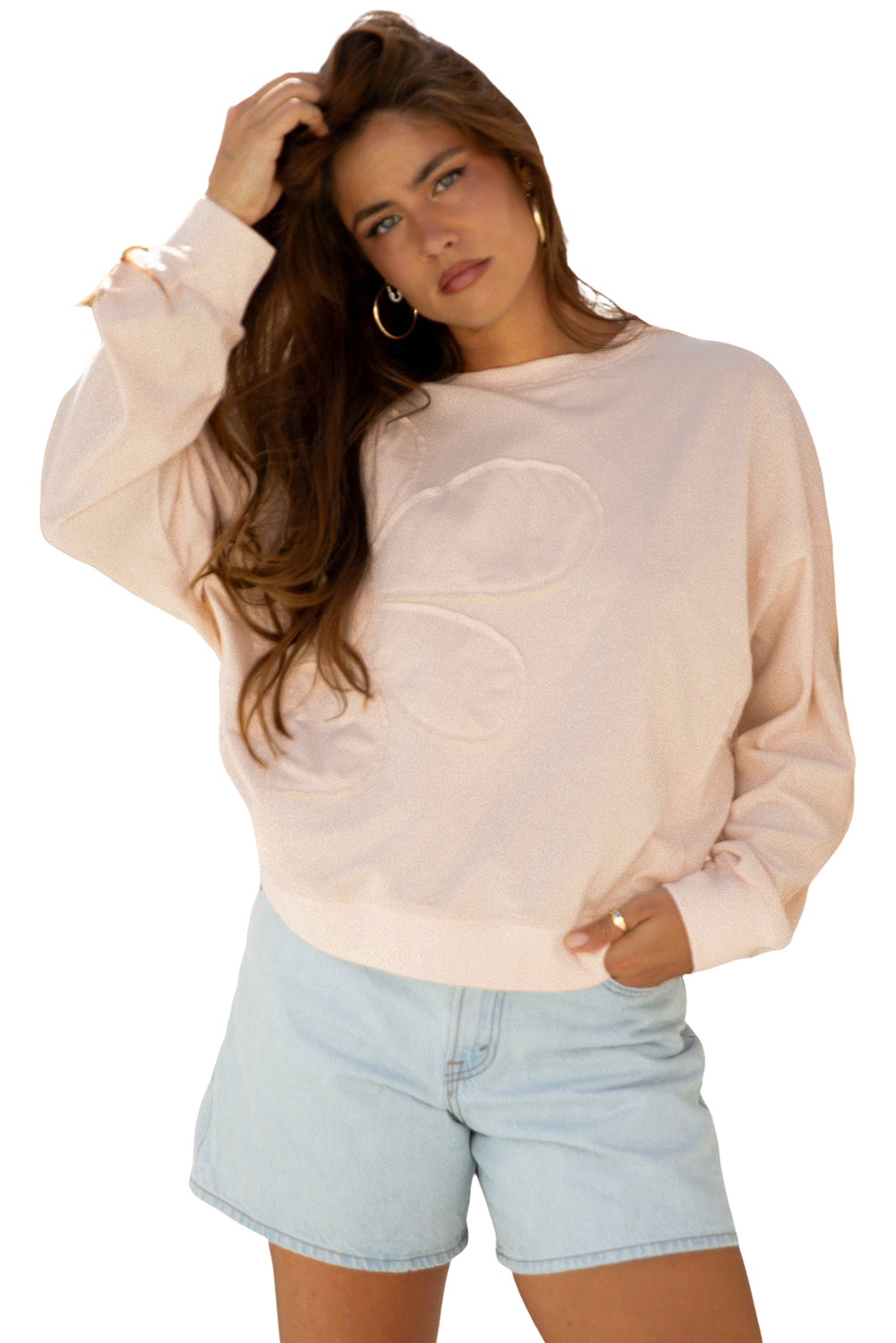 Beige Raw Edge Flower Patch Drop Shoulder Casual Top