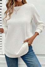 White Rounded Hem Waffle Long Sleeve Top