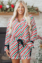 Cozy Green Stripe Contrast Velvet Ribbon Knot Pajama Set - 2-Piece Sleepwear