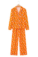 Orange Halloween Print Lapel Shirt Long 2pcs Pajama Set