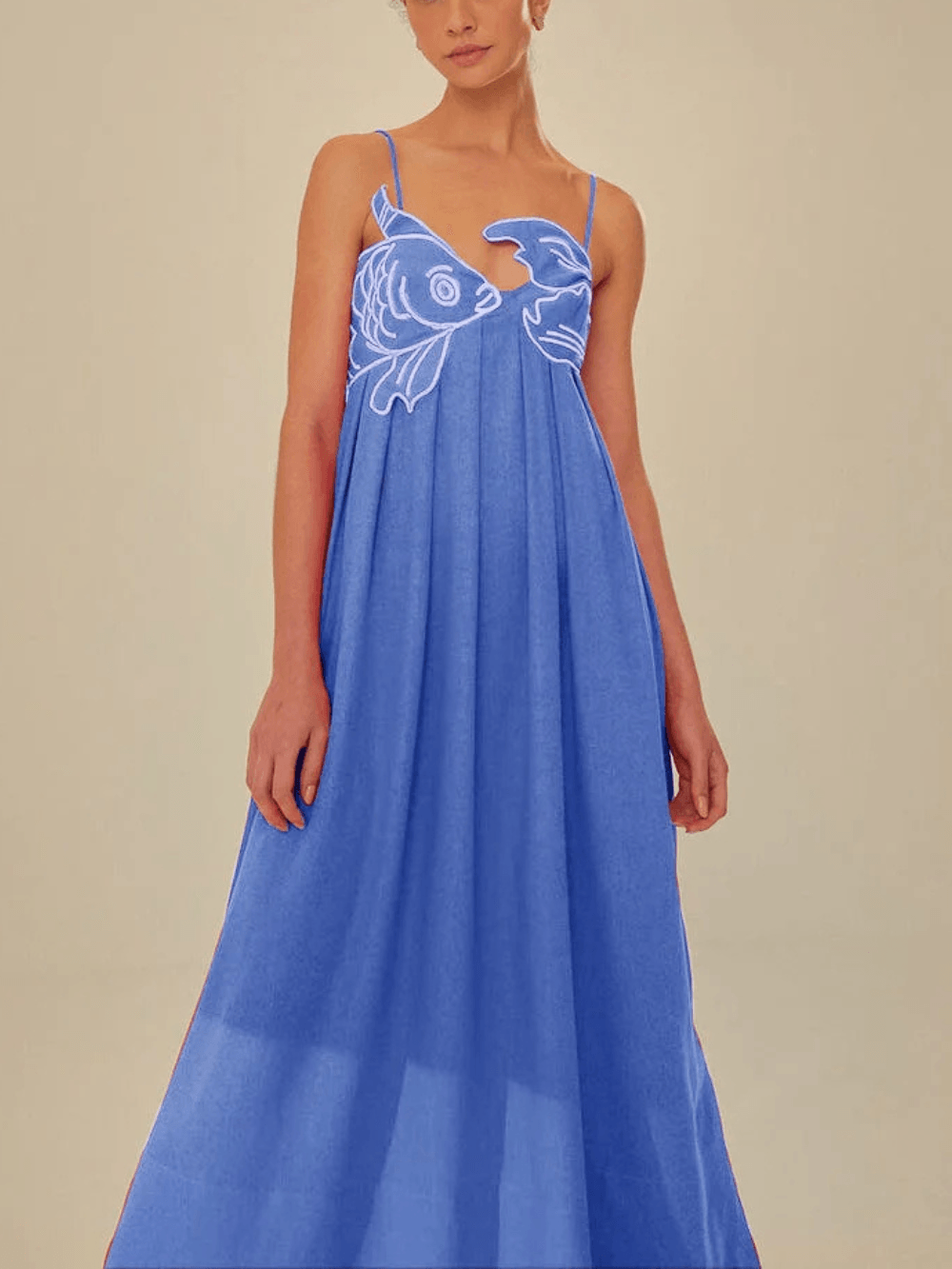 Red Fish Embroidered Maxi Dress - Playful Elegance for Vacation & Parties