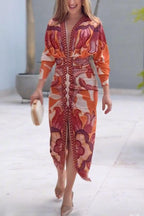 Unique Print Dolman Long Sleeve Ruched Slit Midi Dress for Women - Casual & Vacation Wear