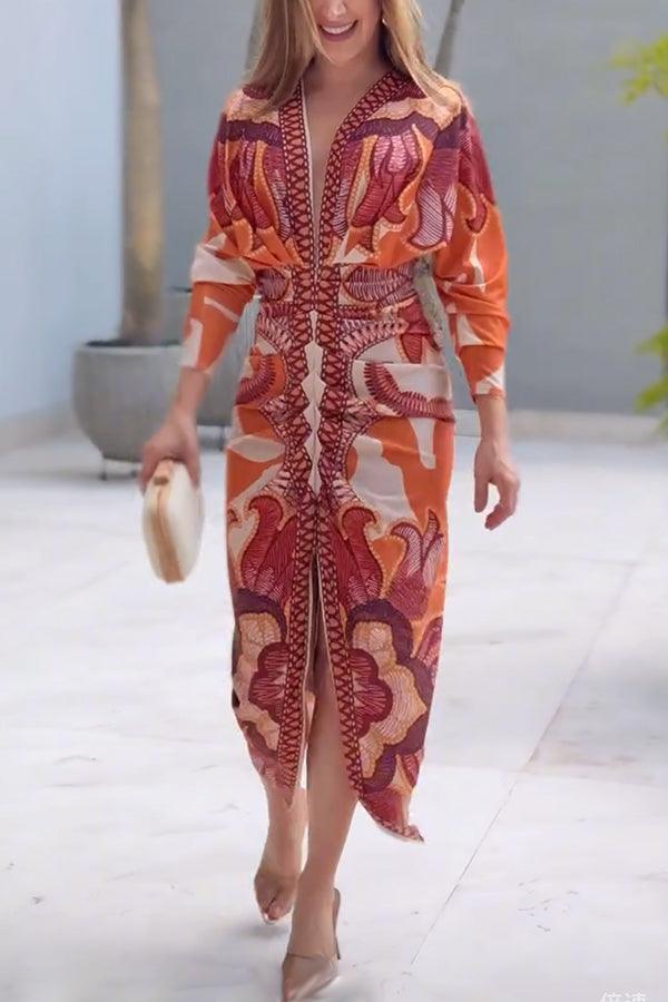Unique Print Dolman Long Sleeve Ruched Slit Midi Dress for Women - Casual & Vacation Wear
