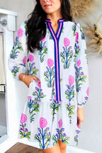 White Floral Print Contrast Striped Trim Notched Neck Long Sleeve Dress