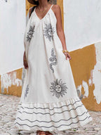 Sling Printed Holiday Loose Plus Size Long A-Line Dress with V-Neck - Perfect for Festive Occasions