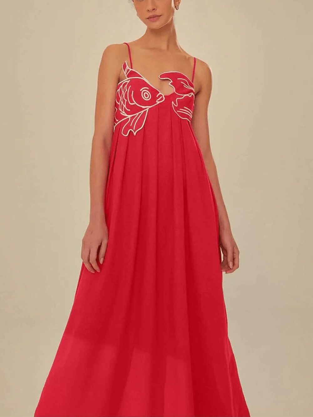 Red Fish Embroidered Maxi Dress - Playful Elegance for Vacation & Parties