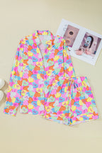 Pink Valentines Candy Heart V Neck Collared Tunic Shirt and Shorts 2pcs Pajama Set for Women