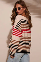 Red Stripe Raw Seam Round Neck Drop Shoulder Sweater