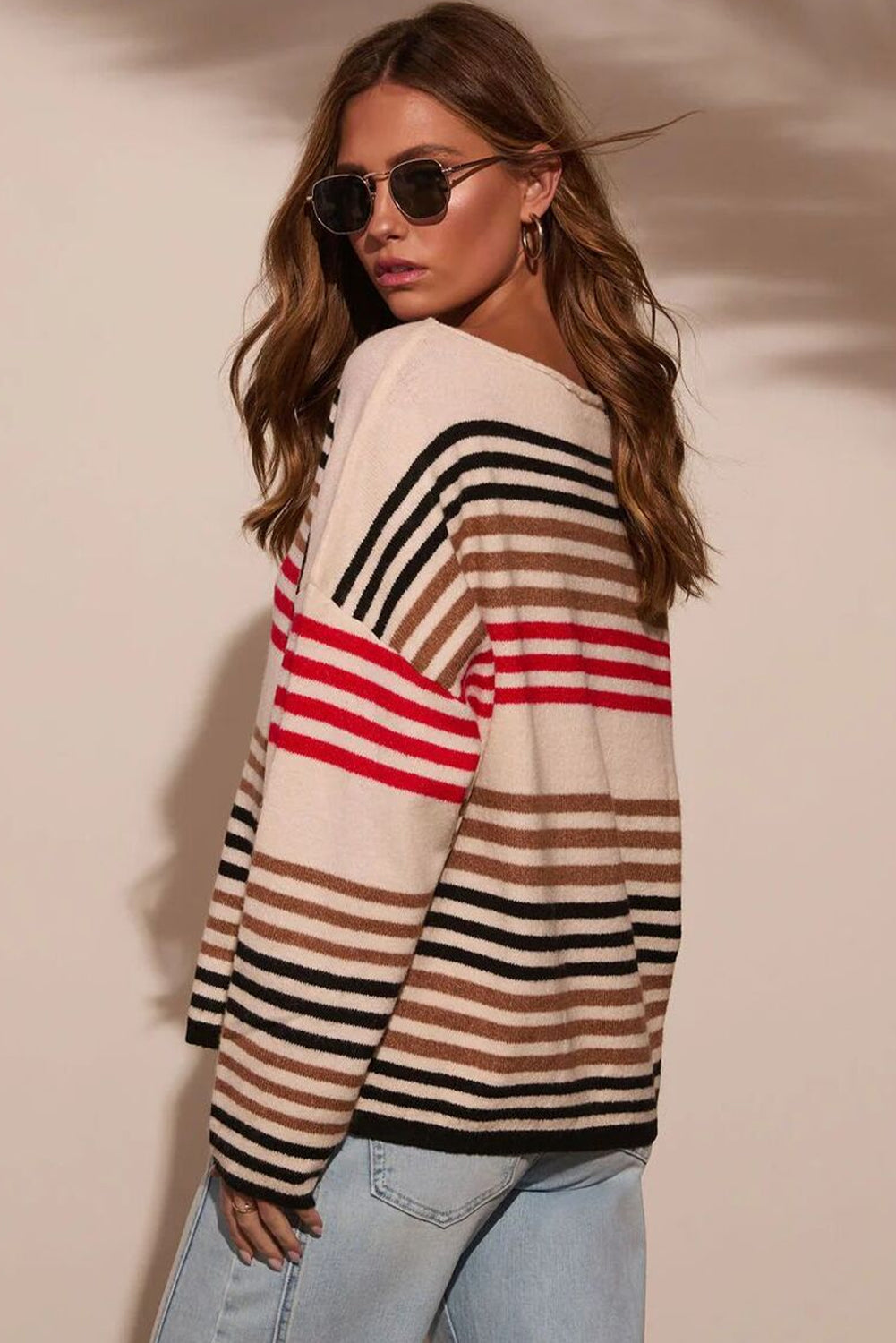 Red Stripe Raw Seam Round Neck Drop Shoulder Sweater