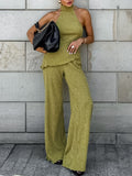 Elegant Halter Neck Pleated Textured Set with Matching Long Pants