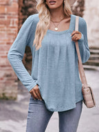 Pleated Square Neck Long Sleeve T-Shirt
