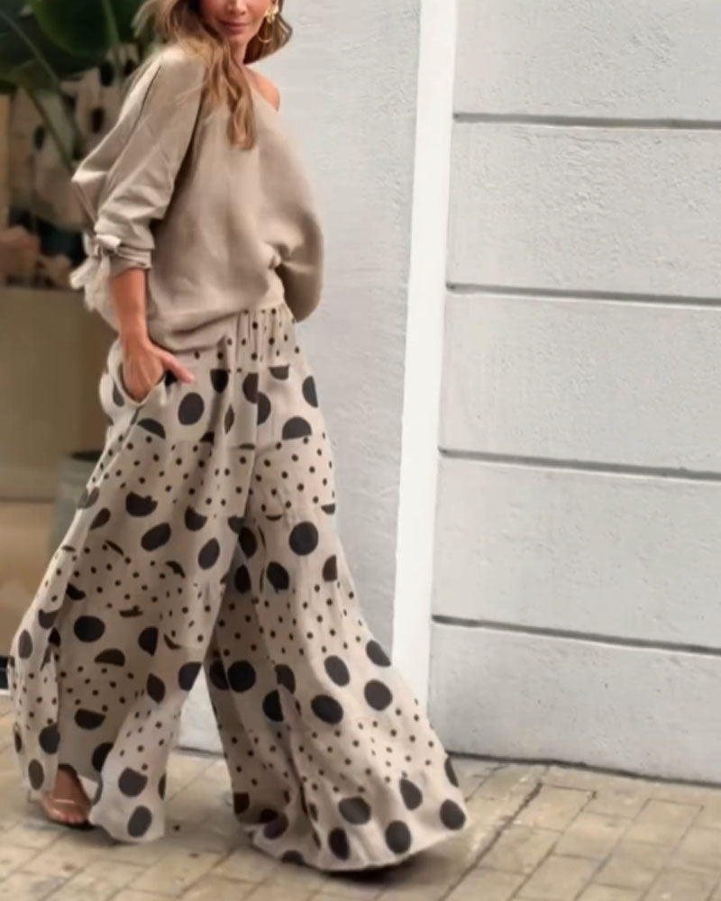 Elegant Casual Shoulder Top and Printed Pants Two-Piece Set for Daily & Holiday Wear