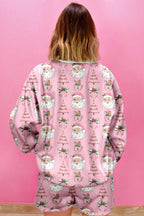 Women's Pink "Ho Ho Ho" Christmas Fashion Print 2-Piece Lounge Short Set - Long Sleeve Top & Shorts
