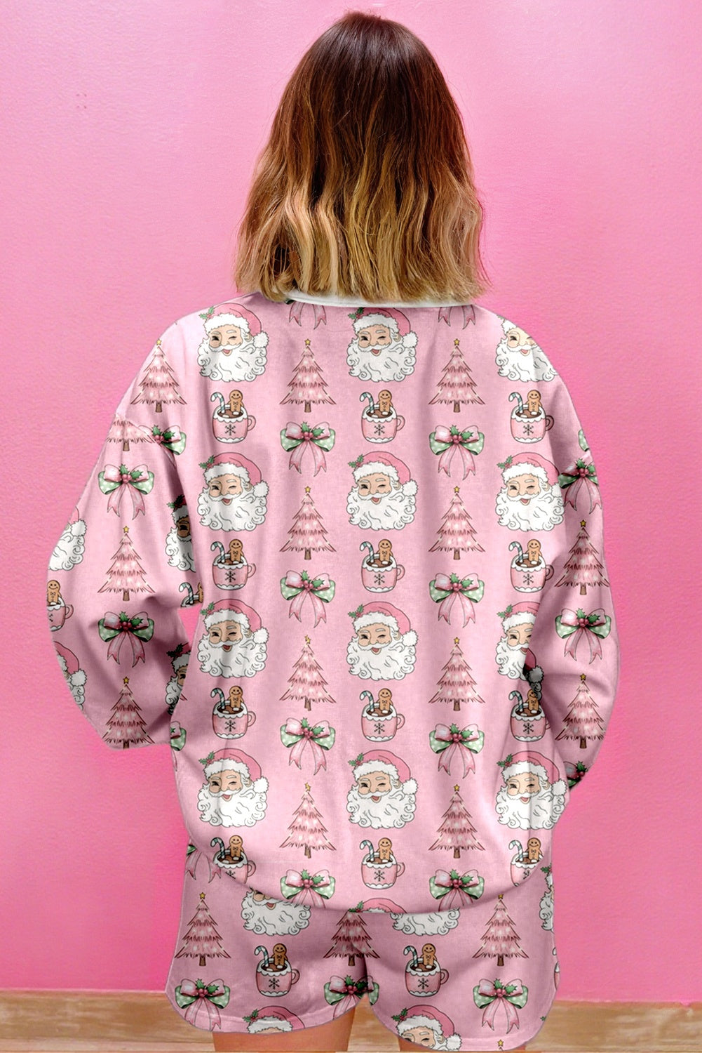 Women's Pink "Ho Ho Ho" Christmas Fashion Print 2-Piece Lounge Short Set - Long Sleeve Top & Shorts