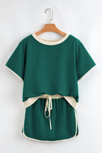 Evergreen Colorblock Edge Drop Shoulder T Shirt and Skort 2Pcs Set