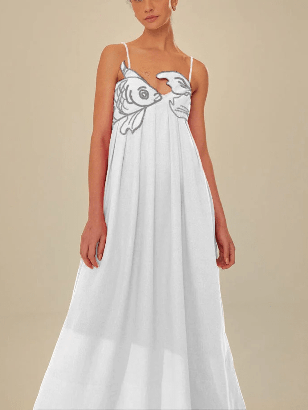 Red Fish Embroidered Maxi Dress - Playful Elegance for Vacation & Parties