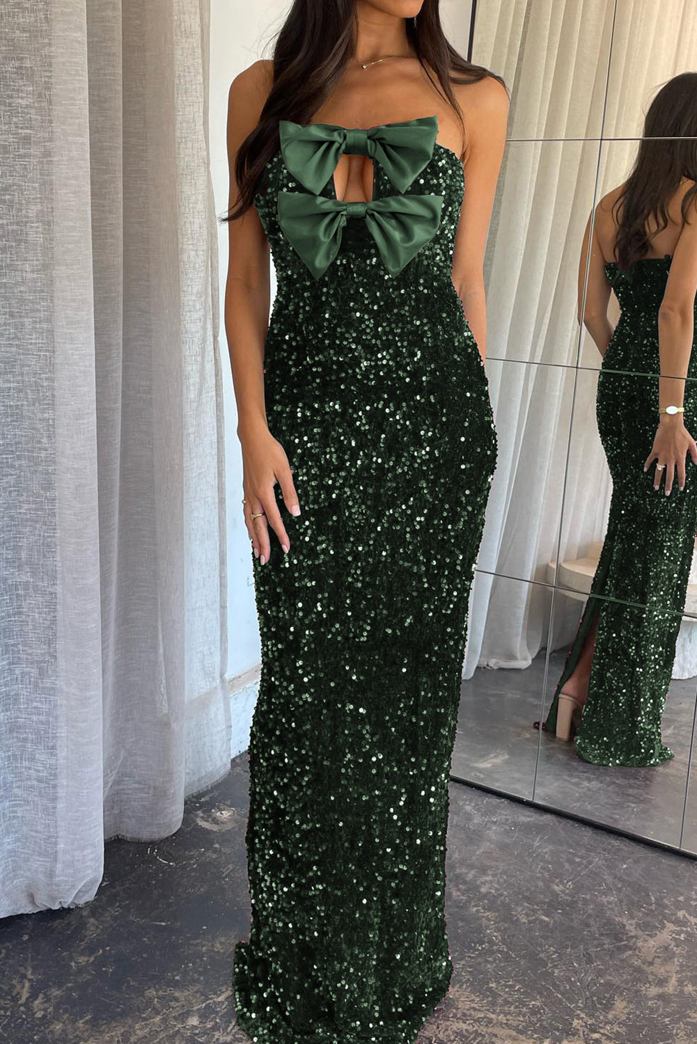 Blackish Green Satin Bow Decor Sequin Strapless Long Party Dress