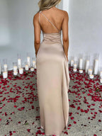 Ariel Red One-Shoulder Draped Maxi Dress in Luxury Stretch Satin